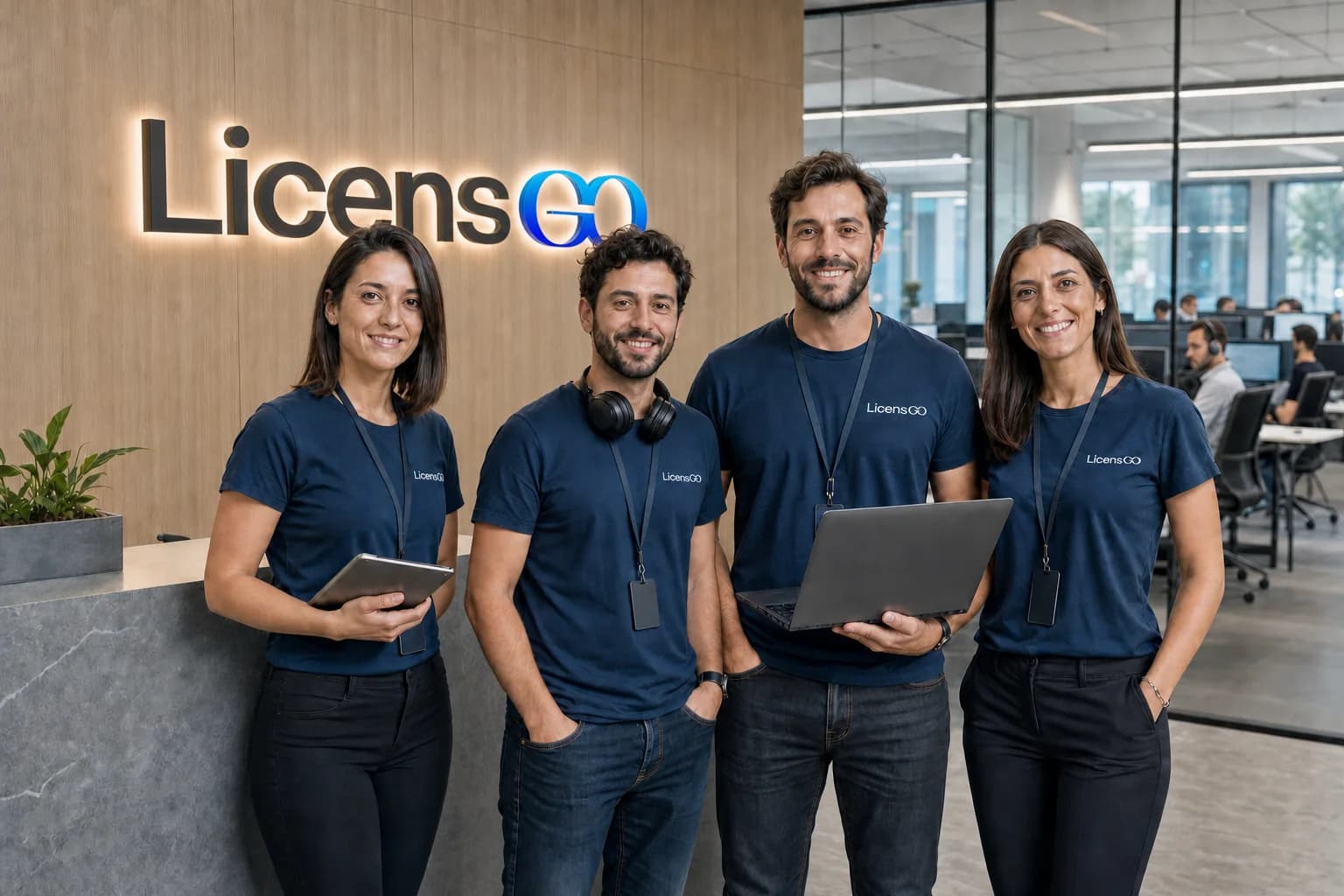 Das Licensgo-Team am Empfang des Büros, mit dem Firmenschild an der Wand und dem Vertriebsteam bei der Arbeit