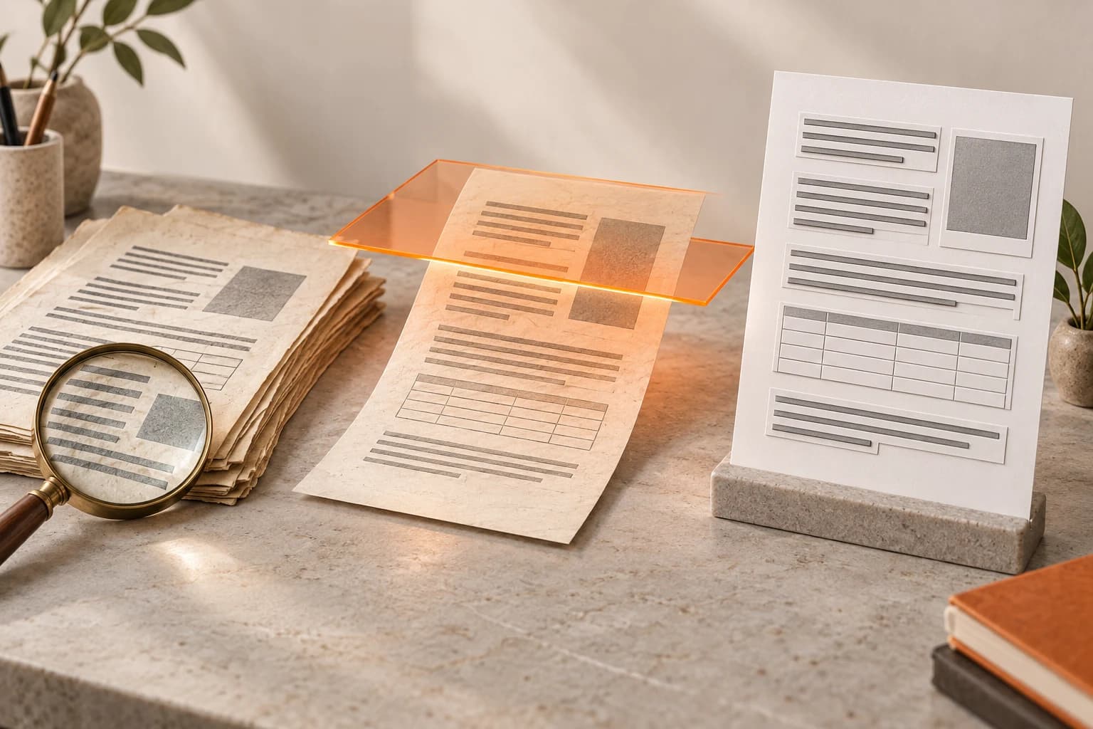 Papierblätter durchlaufen eine orangefarbene Scanebene und werden zu einer geordneten Seite mit Textzeilen und einer Tabelle.