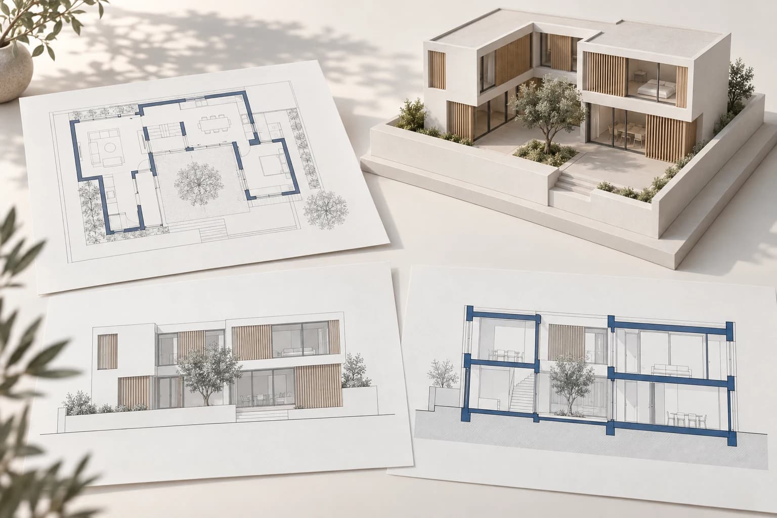 Modell eines Hofhauses neben Zeichnungen mit Grundriss, Ansicht und Schnitt desselben Gebäudes.